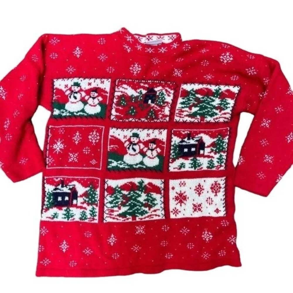 Vintage Willow Bay Red Sweater Christmas Party Knit Snowman Landscape Size Large